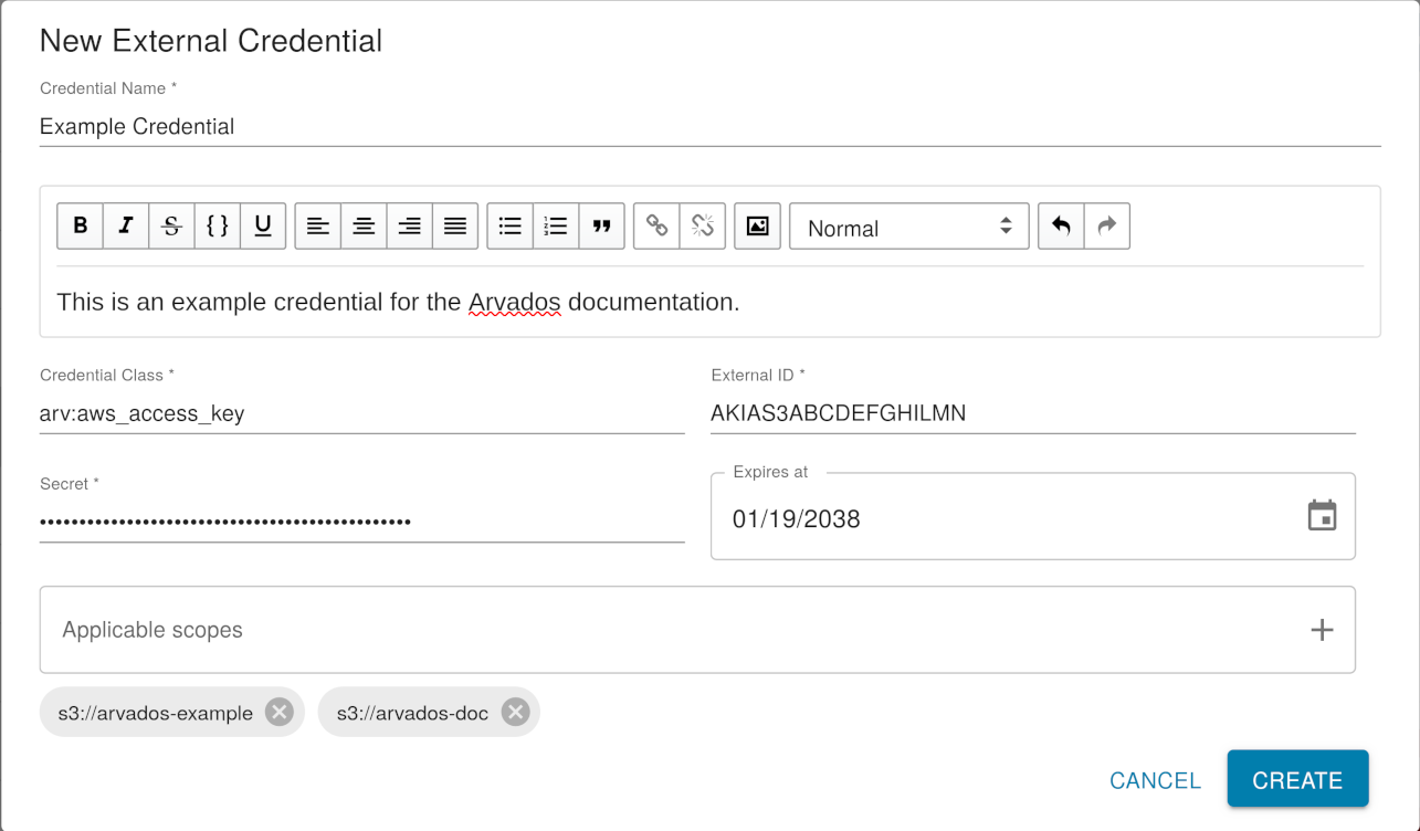 Screenshot of the Arvados Workbench New External Credential dialog with fields filled in with sample values. Screenshot of the Arvados Workbench New External Credential dialog with fields filled in with sample values.
