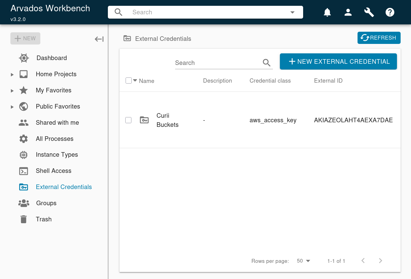 Screenshot of the Arvados Workbench External Credentials listing. Screenshot of the Arvados Workbench External Credentials listing.