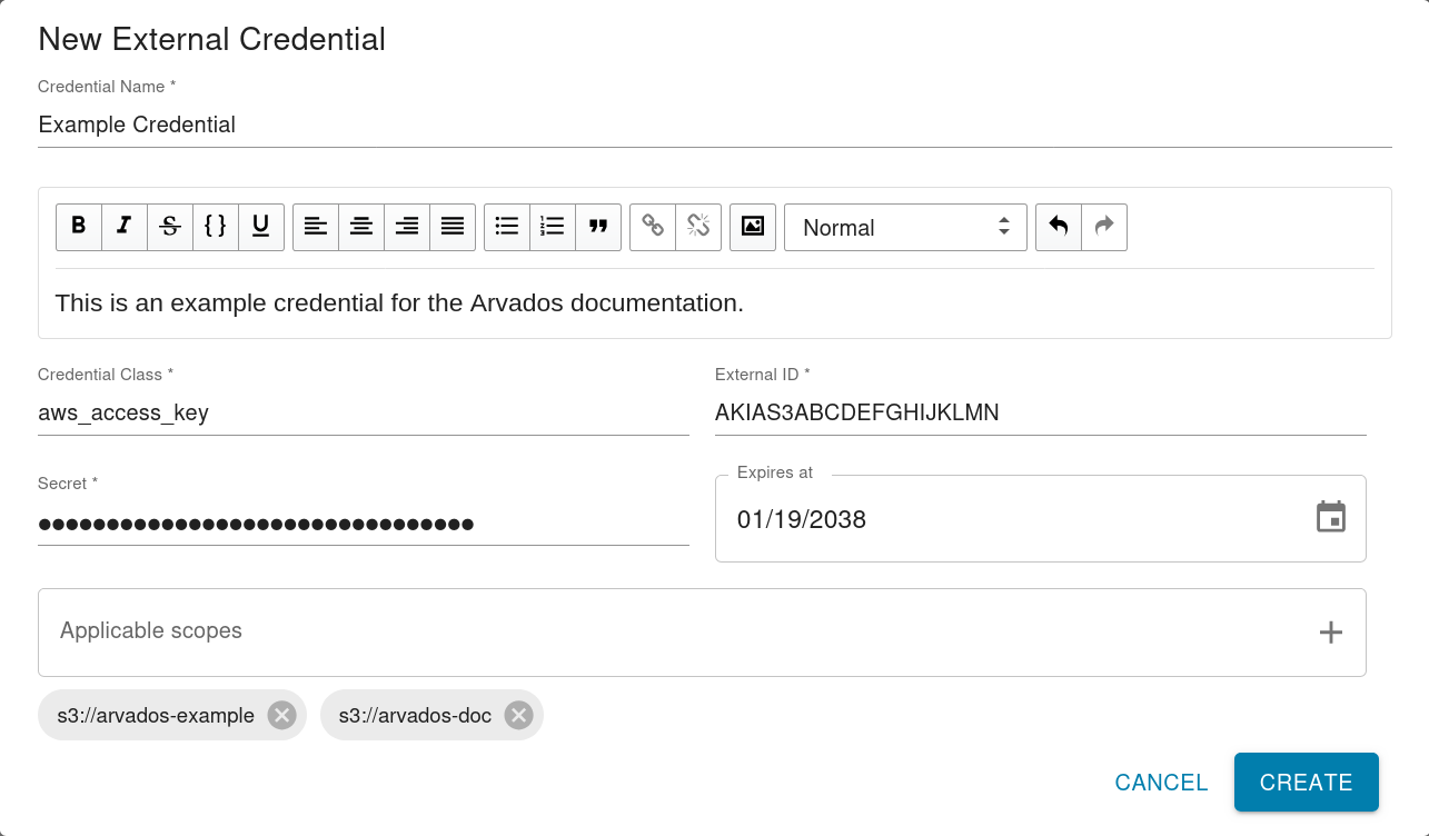 Screenshot of the Arvados Workbench New External Credential dialog with fields filled in with sample values.